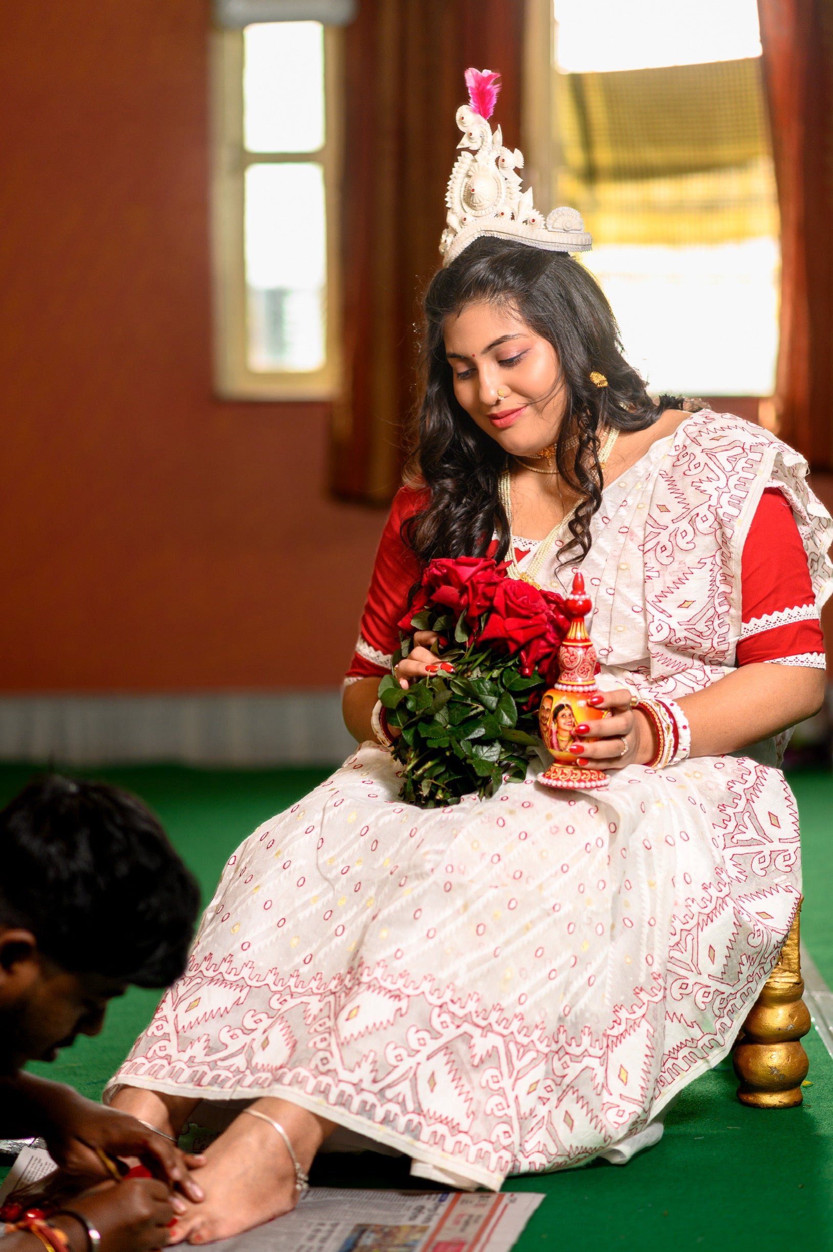 Heritage White Jamdani Saree with Red thread work
