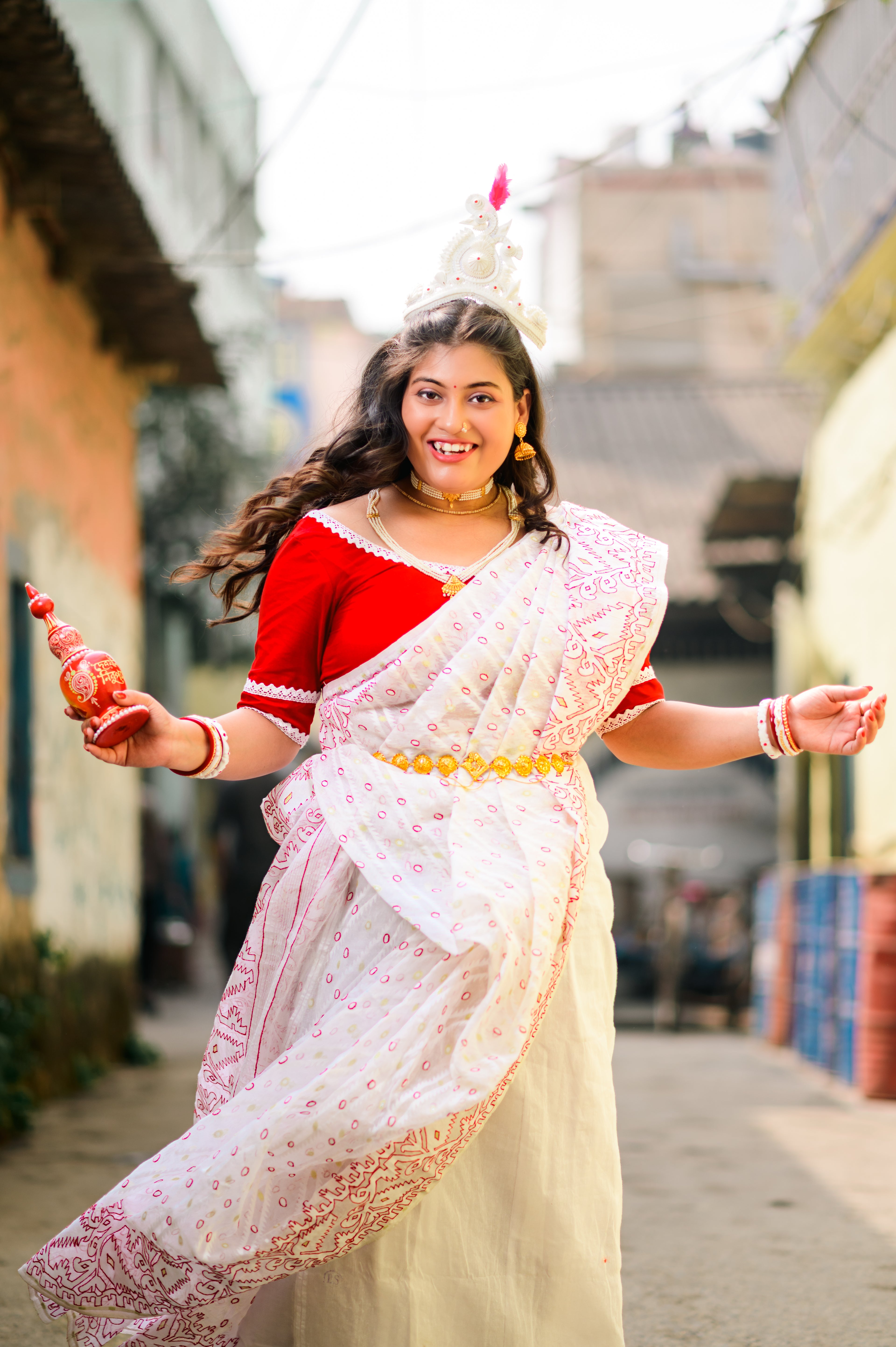 Heritage White Jamdani Saree with Red thread work