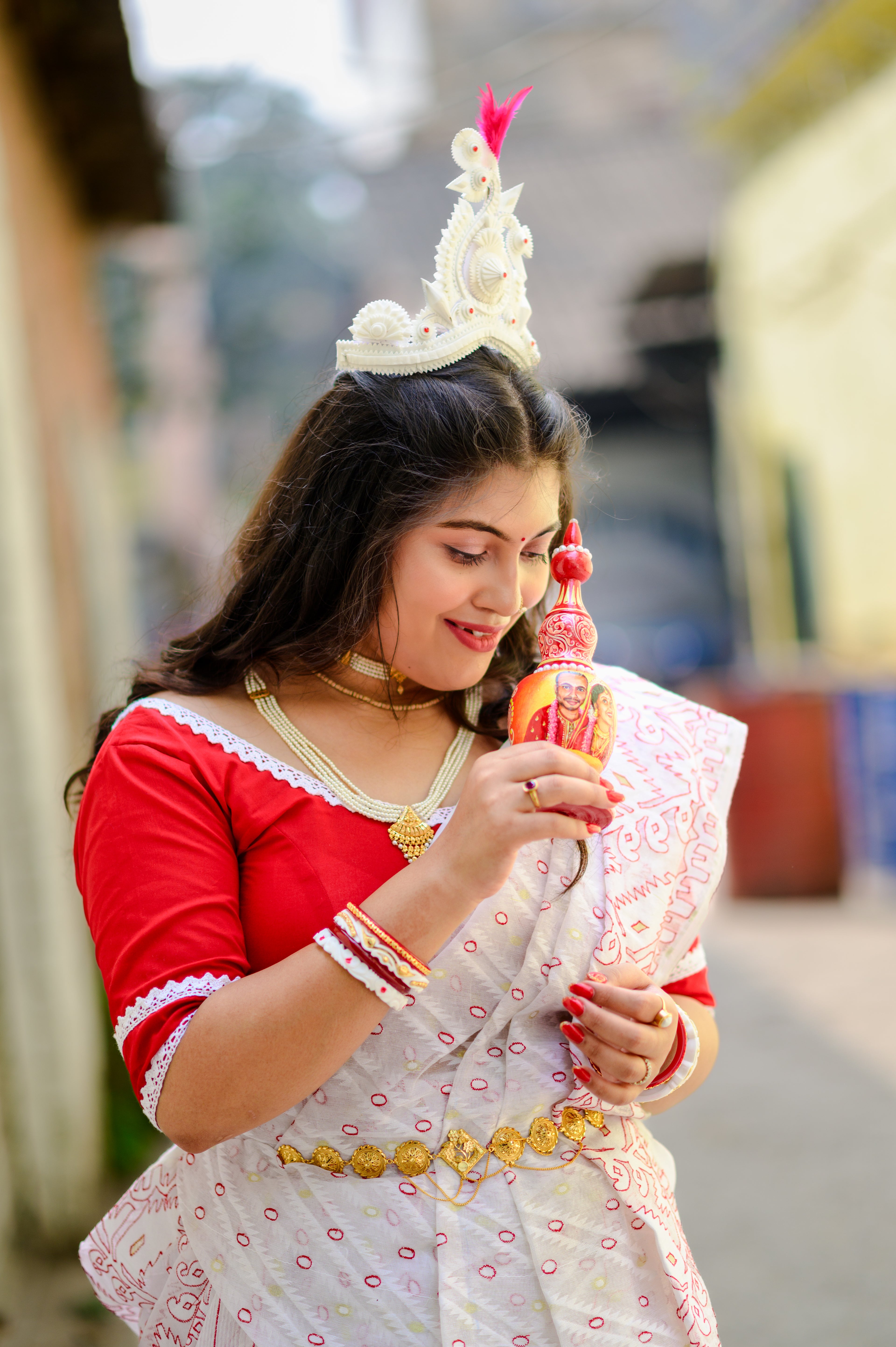 Heritage White Jamdani Saree with Red thread work