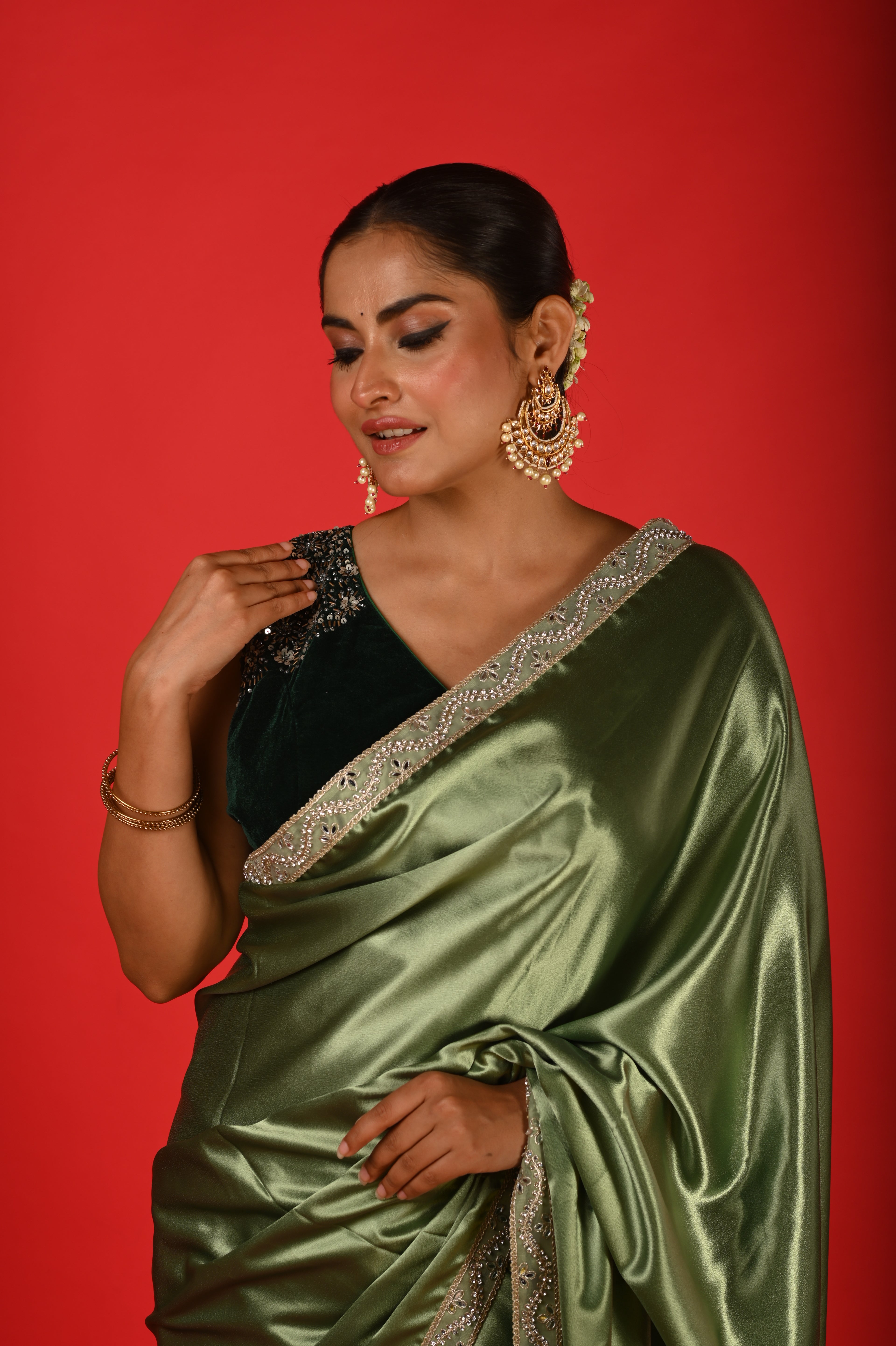 Olive Opulence Satin Saree