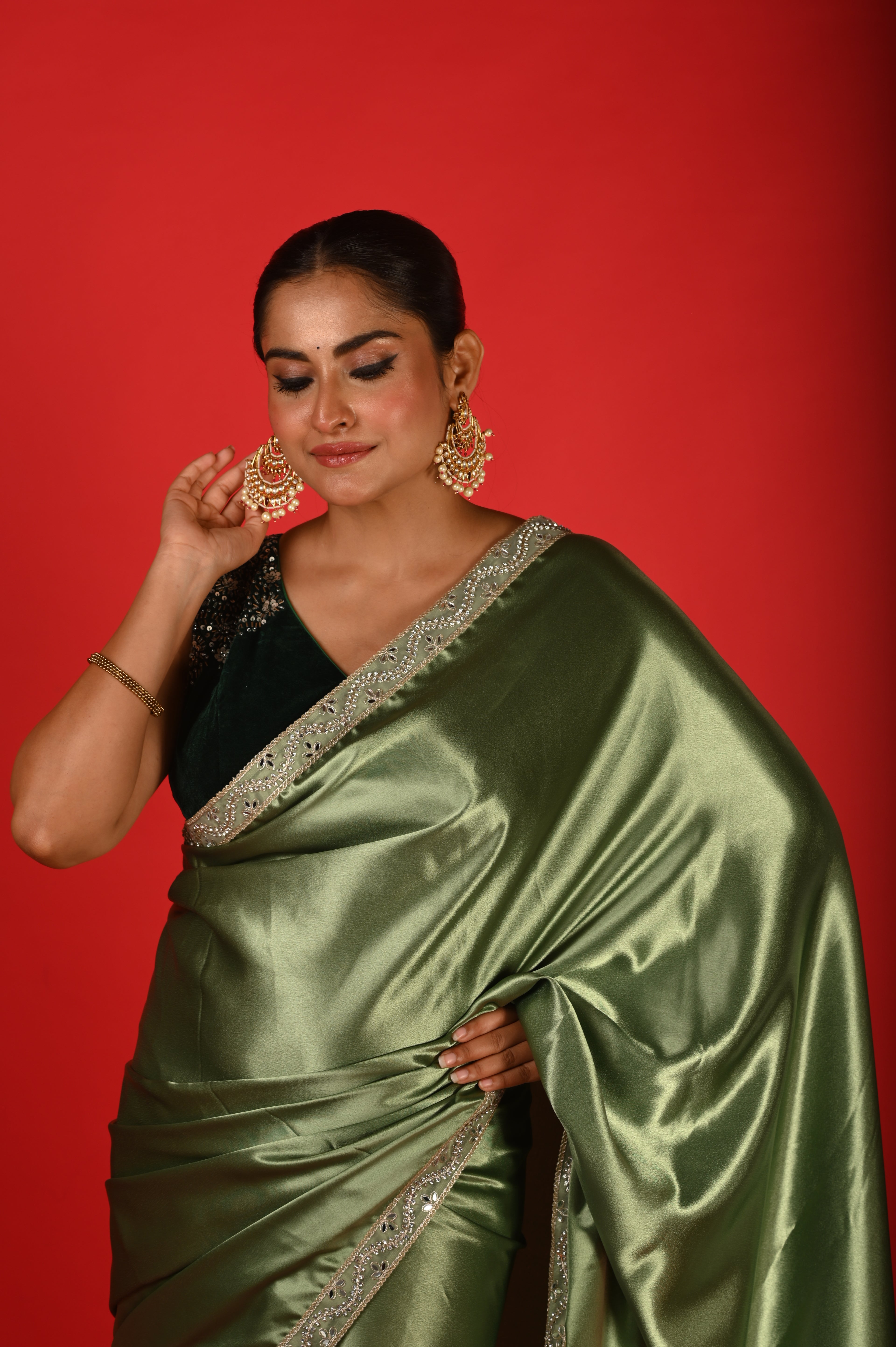 Olive Opulence Satin Saree