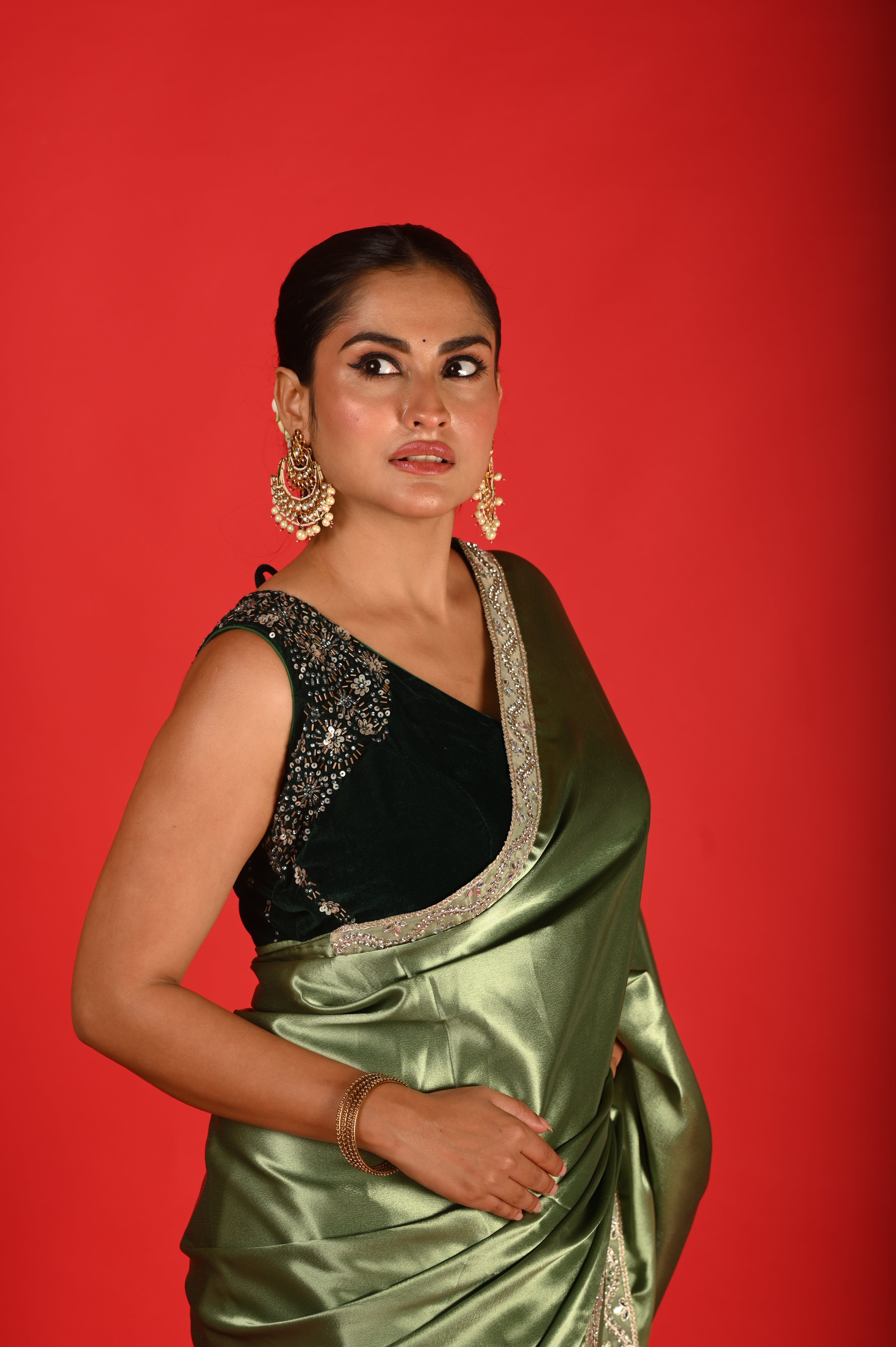 Olive Opulence Satin Saree
