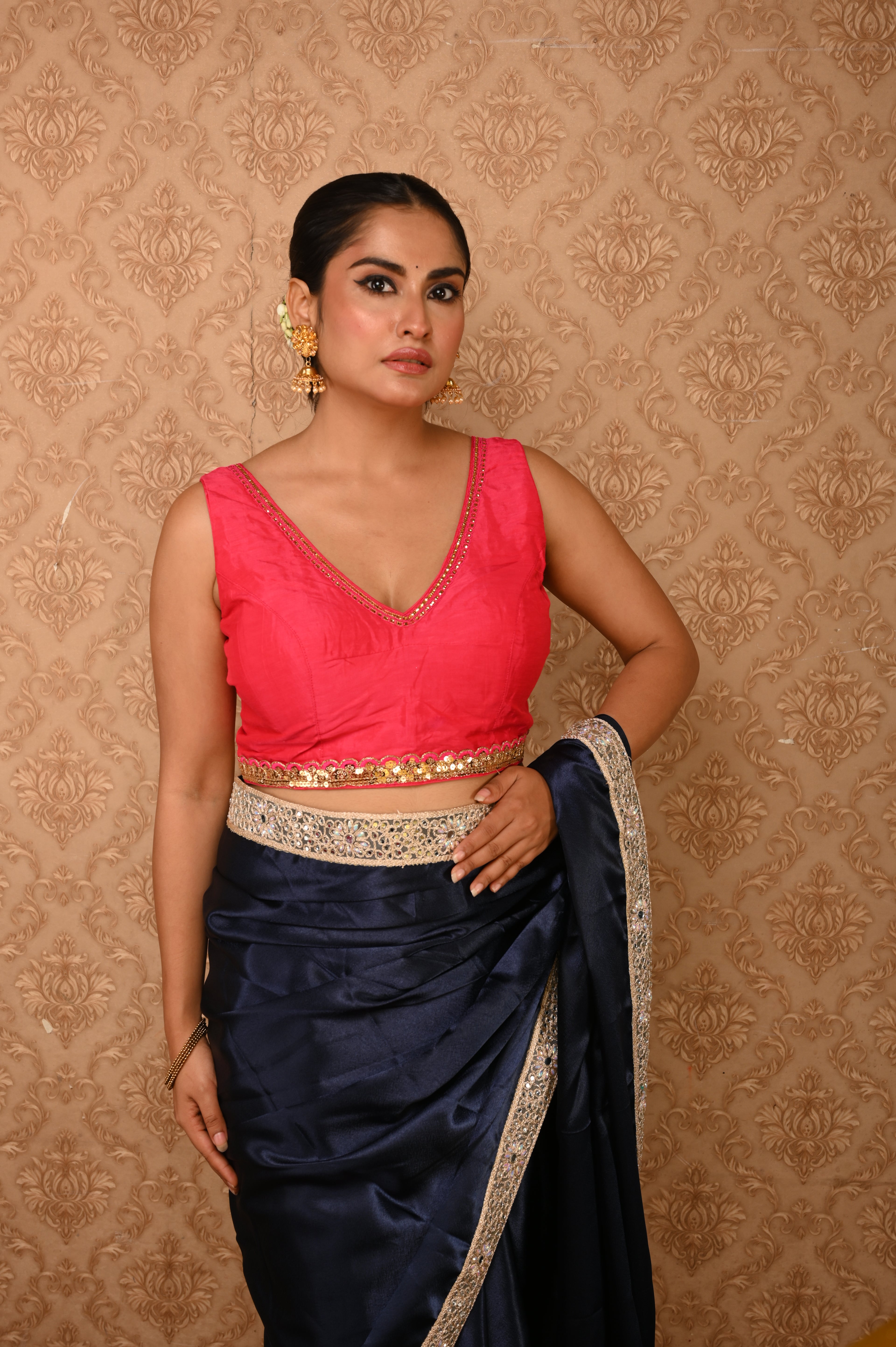 Viva Pink V cut Sequence Blouse